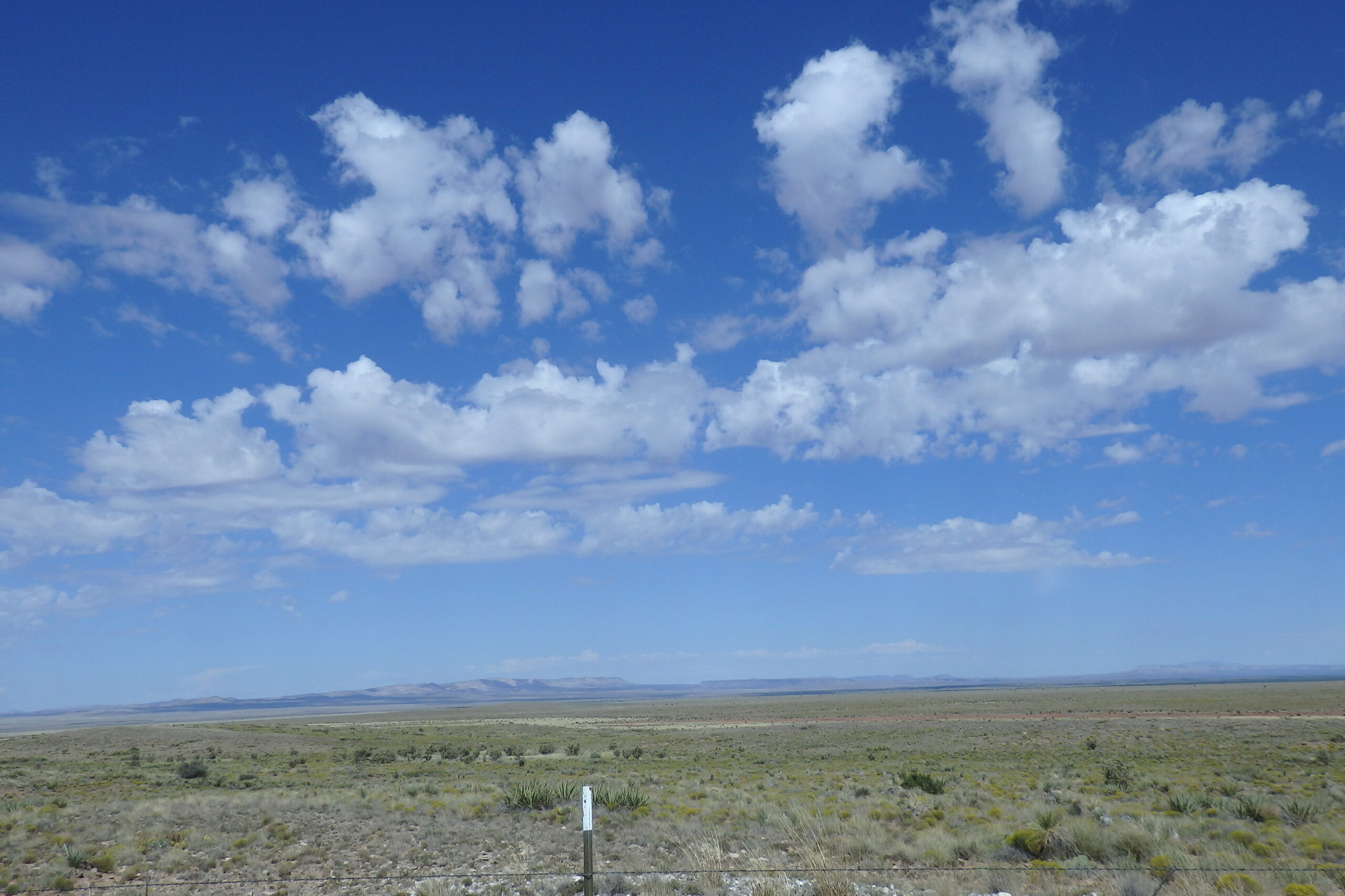 Vast landscape under a bright blue sky, dotted with fluffy white clouds. The scene captures the expansive, open terrain typical of a desert environment.