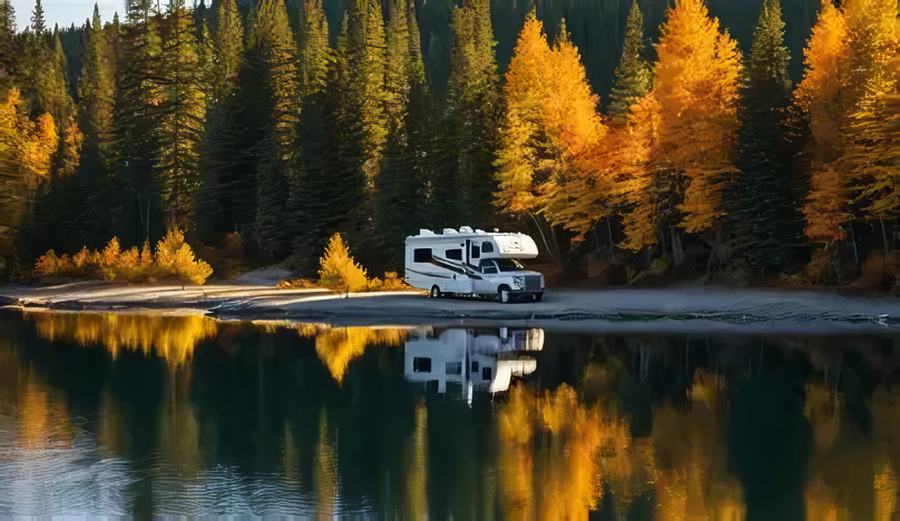 a white motorhome parked in front of beautiful fall-colored trees