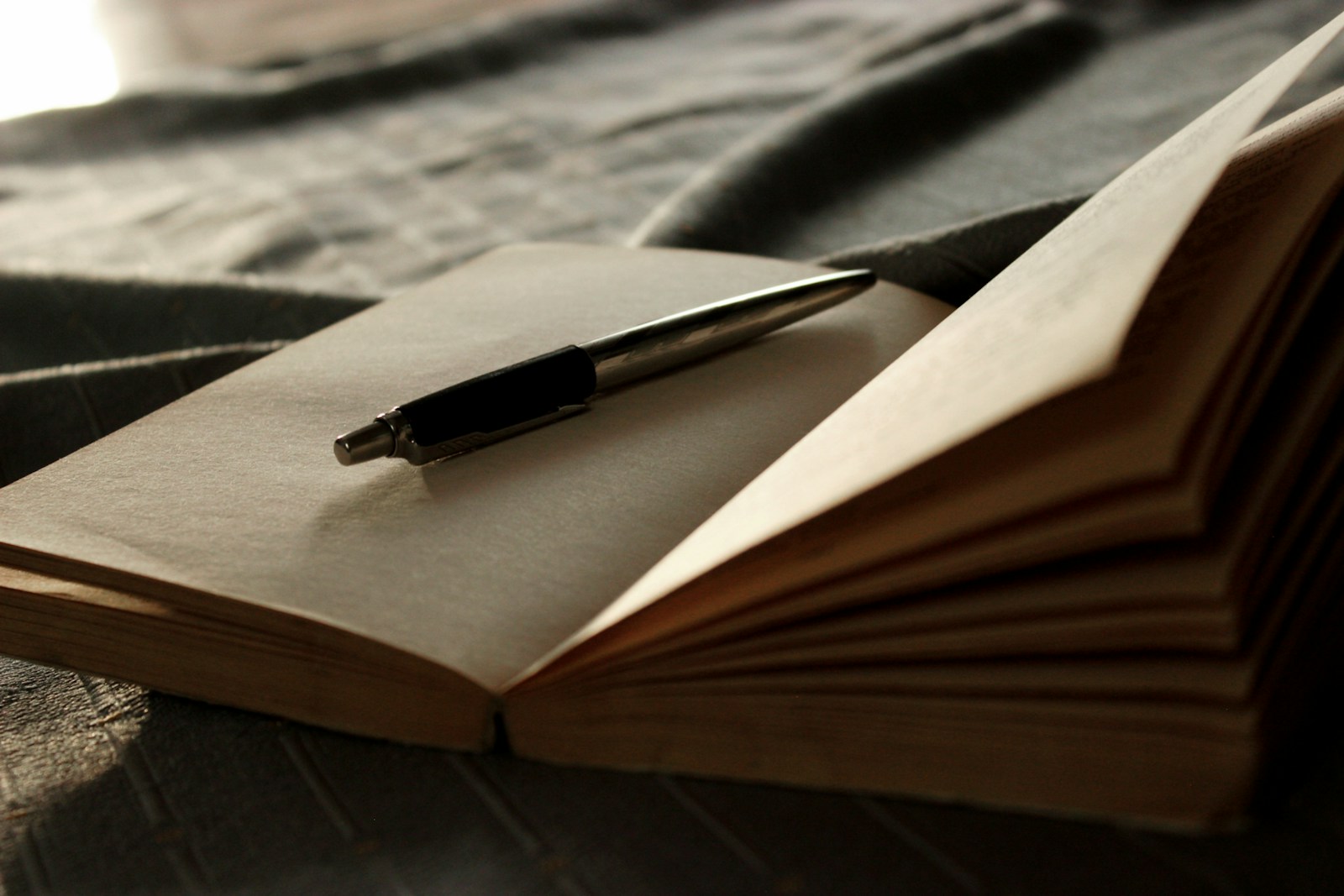 A close-up of an open book with blank pages and a silver pen resting on it, set against a soft textured background, suggesting ideas ready to be written.
